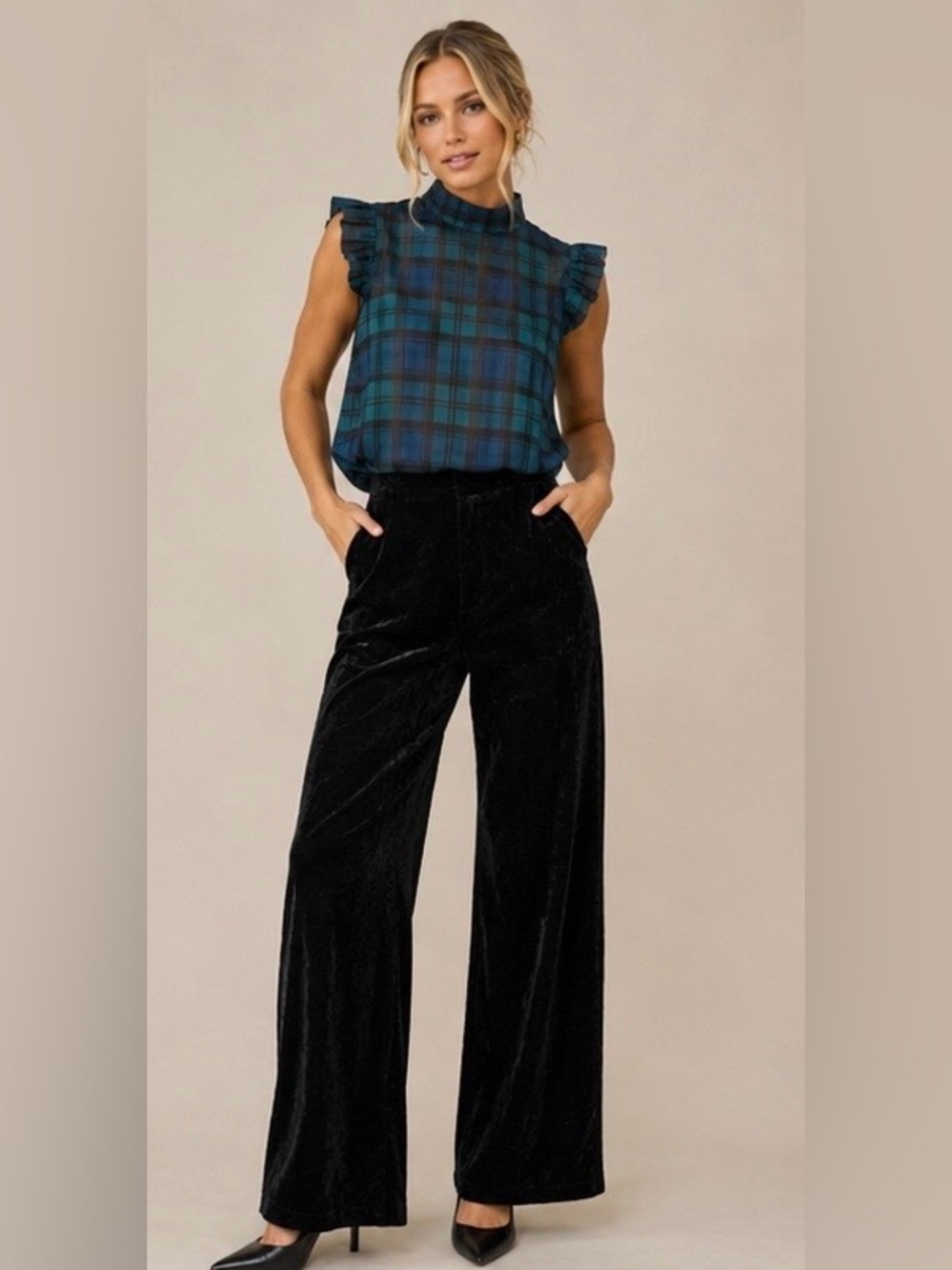 LOFT Black Watch Plaid Sheer Ruffle Bow Blouse – Small - Picture 2 of 8